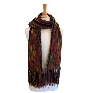 Hand Knit Autumn Colors Scarf with Fringe, Burnt Orange, Brown, Green, Black